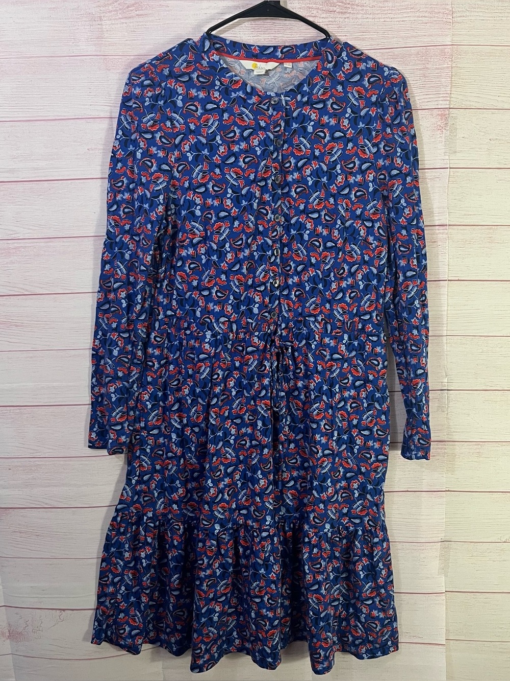 Boden Blue Red Nancy Button-up‎ Tiered Drawstring Jersey Pocket Dress Size 10R